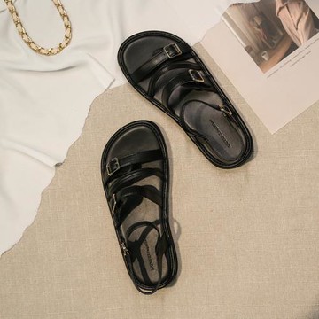 涼鞋女夏平底時尚2023新款百搭黑色一字帶露趾羅馬鞋仙女風配裙鞋