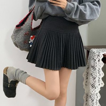 La Belleza素色毛呢料細百褶短裙高腰百搭後鬆緊腰百摺短裙(有內襯短褲)