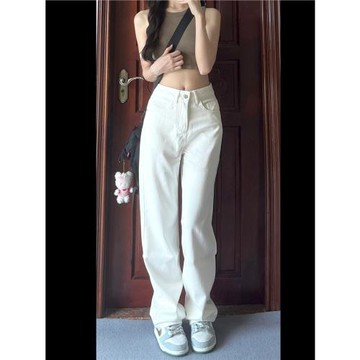 白色牛仔褲女春夏新款復古垂感直筒褲寬松百搭顯瘦高腰闊腿褲長褲
