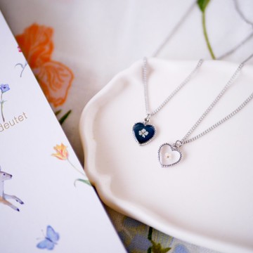 銀色項鍊 迷你愛心 寶石 滿天星壓花
