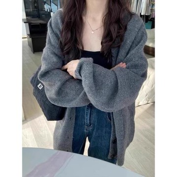 灰色針織毛衣外套開衫女秋冬新款慵懶風寬松高級感軟糯V領上衣厚