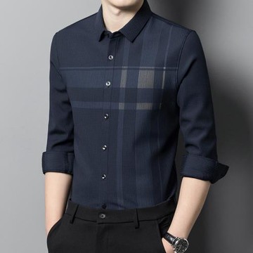 彩文羊新品長袖襯衫男秋款商務休閑條紋秋裝中年男士寸衫打底上衣