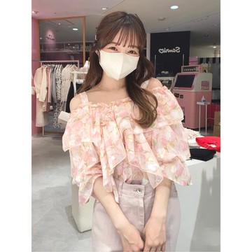 日系 甜美兩穿露肩碎花褶邊短袖泡泡袖女上衣