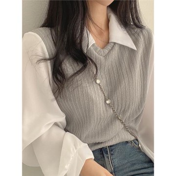 假兩件上衣女上班族穿搭法式針織拼接襯衣設計感小眾別致長袖襯衫