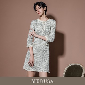 現貨【MEDUSA 曼度莎】毛呢珍珠小香風洋裝（M-XL）｜毛呢洋裝 小香風 小禮服