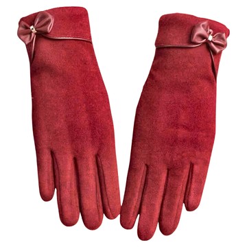 WOONUE 女士超高質感保暖可觸控手套親膚羊毛加絨防寒雙層手套  酒紅色小蝴蝶結  50g