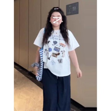 大碼微胖正肩圓領短袖t恤女夏季設計感印花體恤胖MM顯瘦遮肉上衣
