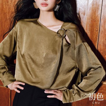 初色 素色寬鬆遮肉顯瘦捏皺斜肩飄帶長袖雪紡衫上衣女上衣-共2色-38461(M-2XL可選)