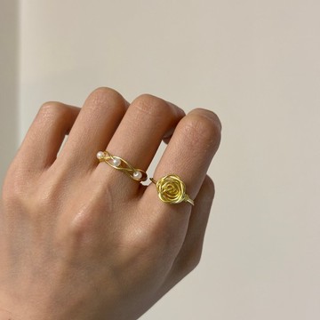 母親節禮物-銅線玫瑰、銅線編織珍珠戒指一組