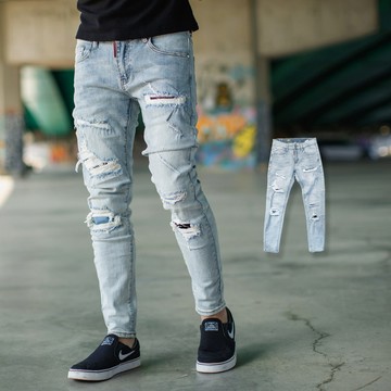 【NB1397J】淺藍刷白抓破造型補丁合身版牛仔褲(SS-G5050)