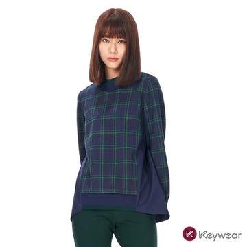KeyWear奇威名品 前短後長高領上衣-深藍色