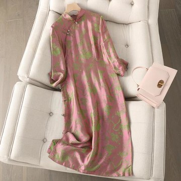 真絲盤扣旗袍連衣裙女 2025新款夏季復古提花遮肉顯瘦桑蠶絲裙子