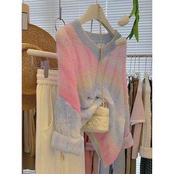 彩虹色長袖毛衣ins V領針織衫