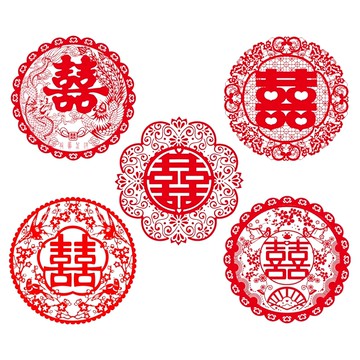 神崎家居 婚禮喜字靜電貼5件組 紅色 - 婚房裝飾 靜電窗貼 玻璃貼  28 x 28cm