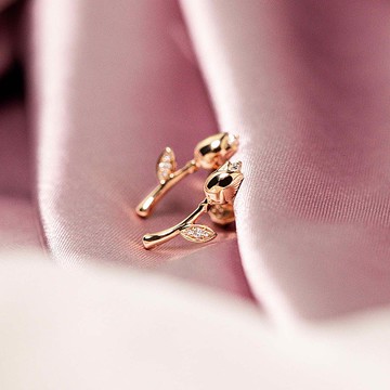 純18K金鬱金香花朵白鑽石耳環耳釘 珠寶手工訂製 E071