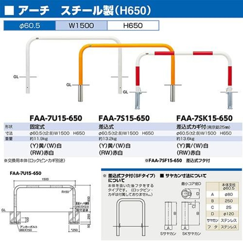 未使用品 サンポール アーチ 固定式 FAH-7U75-800 Y W C φ60.5 t2.8 W750×H800 