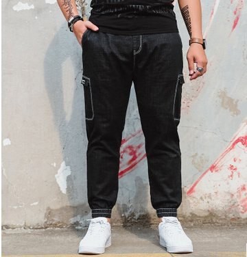 FINDSENSE H1 2018 夏季 新款 潮胖子黑色  加肥 加大碼 宽松九分牛仔褲 休閒男士褲子 潮