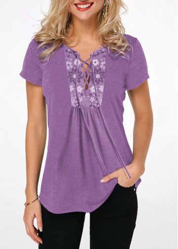 Lace Up Front Short Sleeve Lavender T Shirt