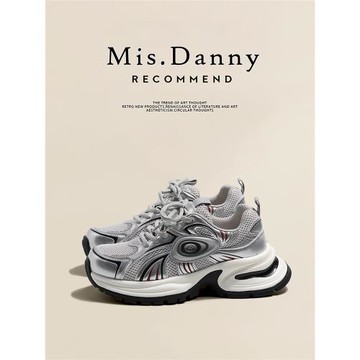 與愛私奔厚底老爹鞋女2025新款銀色網面透氣夏秋增高跟休閑運動鞋