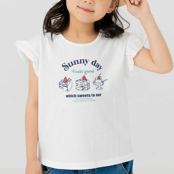 日本 Chil2 - 100%棉 荷葉邊女孩印花短袖上衣-美味甜點-白