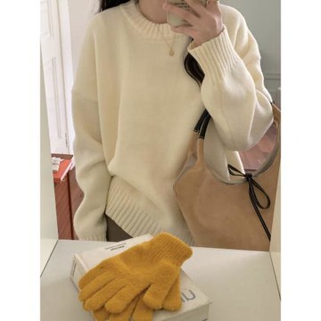 ZY自制 白色毛衣女套頭秋冬寬松慵懶風圓領內搭打底針織衫上衣