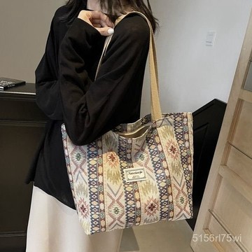 韓版潮流⭐帆布包大容量編織民族包包2024新款帆布包託特包女複古通懃單肩手提包女