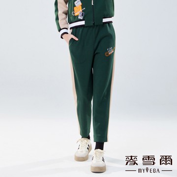 Myvega麥雪爾 撞色拼接笑臉刺繡套裝長褲-綠