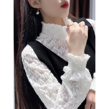 磨毛高領白色蕾絲打底衫女秋冬洋氣毛衣內搭燈籠長袖鏤空網紗上衣