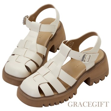 【Grace Gift】圓頭寬帶輕量厚底魚骨編織涼鞋 米白