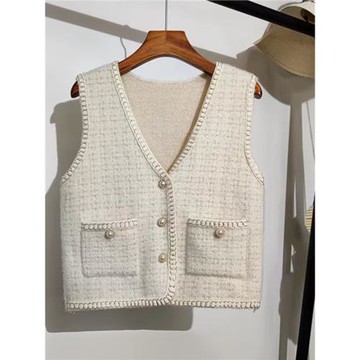 小香風馬甲女春秋時尚減齡水貂絨針織衫背心V領毛衣新款女式馬夾