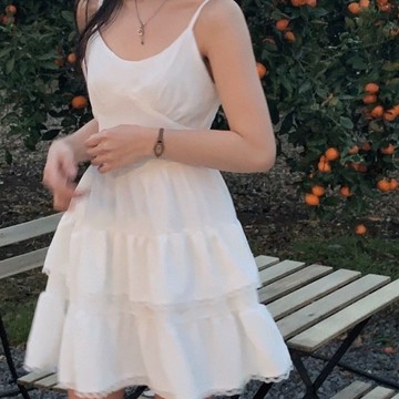 Muun Studio 白色法吊帶連衣裙女韓系減齡開學甜妹穿搭氣質裙子花邊無袖蛋糕裙
