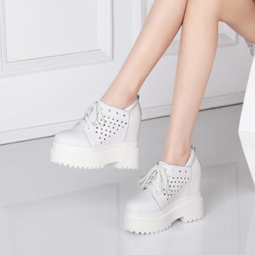 厚底坡跟春季真皮鏤空內增高女鞋