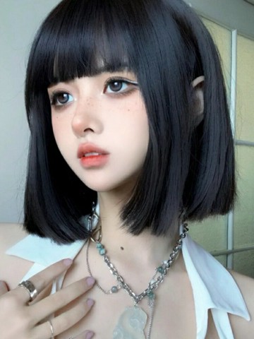 韓版時尚假發女短發空氣劉海短直發一刀齊發尾日常黑色整頂全頭套