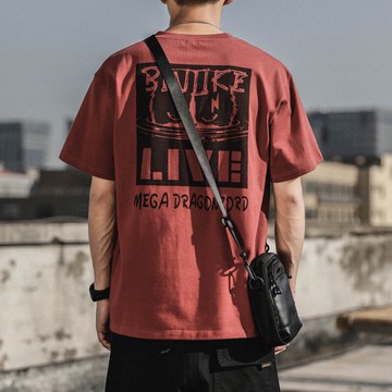 夏季紅色印花短袖T恤男生潮牌寬松上衣男裝體恤 情侶純棉新款衣服