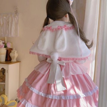 原創設計甜美可愛冬季短款披肩斗篷lolita毛絨兔耳朵洋氣短外套