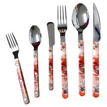 法式不銹鋼鏡面 復古西式餐具五件組  刀 + 叉 + 湯匙 + 小叉 + 小湯匙  大理石粉  1組