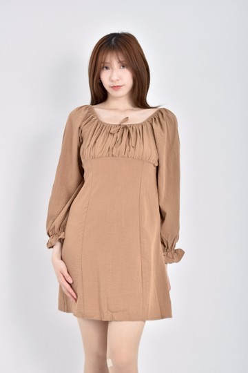 (S) 質感一字領長袖棕色洋裝