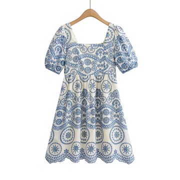 外貿女裝2025女裝新款方領刺繡短袖連衣裙  22019