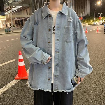 2024春秋款ins復古破洞牛仔外套男韓版潮流學生寬松百搭帥氣夾克
