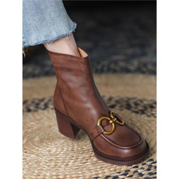 棕色英倫風短靴女中跟2025年新款秋冬真皮靴子圓頭粗跟復古馬丁靴