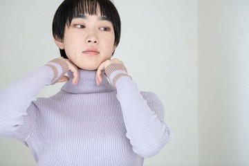 【薰衣草染】有機棉無縫製袖口滾邊羅紋高領毛衣