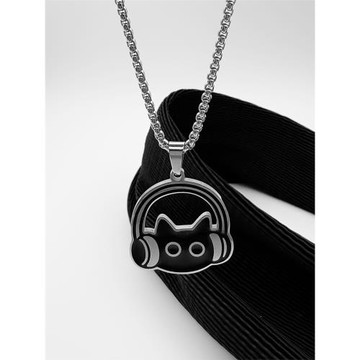 WHYBLUE 原創設計戴耳機的小黑貓項鏈男女簡約卡通吊墜個性高級感