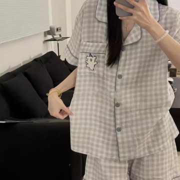 日系線條小狗可愛純棉睡衣女夏季短袖雙層紗布甜美學生家居服套裝