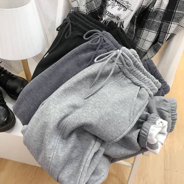 束腳灰色運動褲女秋冬高腰加絨衛褲闊腿顯瘦哈倫褲休閑九分褲