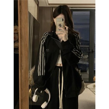 麂皮絨棒球服外套2024年春秋季新款潮牌條紋運動高級感立領衛衣女