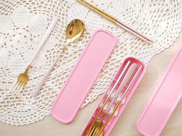 簡約不鏽鋼餐具組 粉金 /客製雷雕刻字