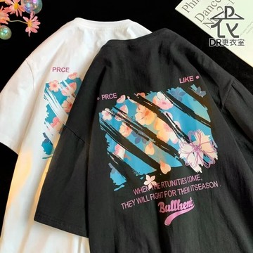 DR更衣室-男生衣服 港風櫻花印花T恤  男裝 衣服 百搭 日常穿搭 短袖 情侶裝 大尺碼5XL【NL624476】