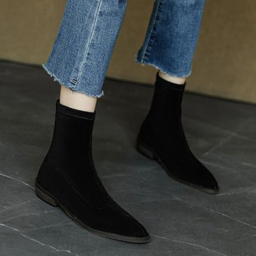 手工制作~巨好穿~大碼平底內增高短靴女尖頭顯瘦百搭彈力瘦瘦靴冬