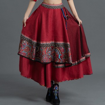 少數民族風女裝復古印花拼接燈芯絨印花網紗大擺半身裙秋冬季長裙