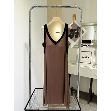 莫代爾吊帶睡裙女夏季中長款帶胸墊背心睡衣寬松薄款純色家居服